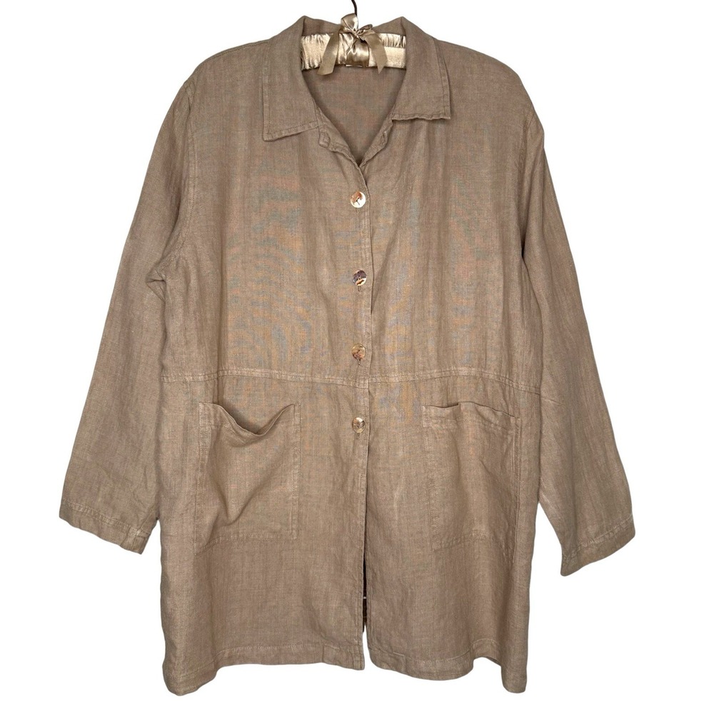 Vintage 100% Linen Barn Coat Jacket Large Lagenlook Button Chore Made In USA